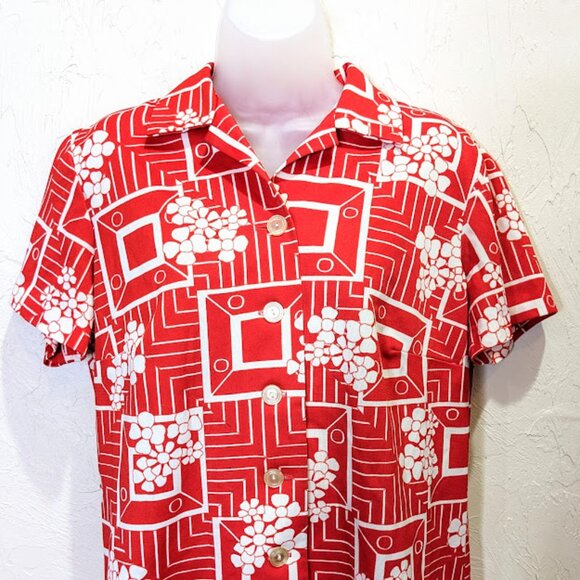 Vintage 1970s Tropical Print Camp Shirt Women's M Short Sleeve Red Button Up - Picture 2 of 6